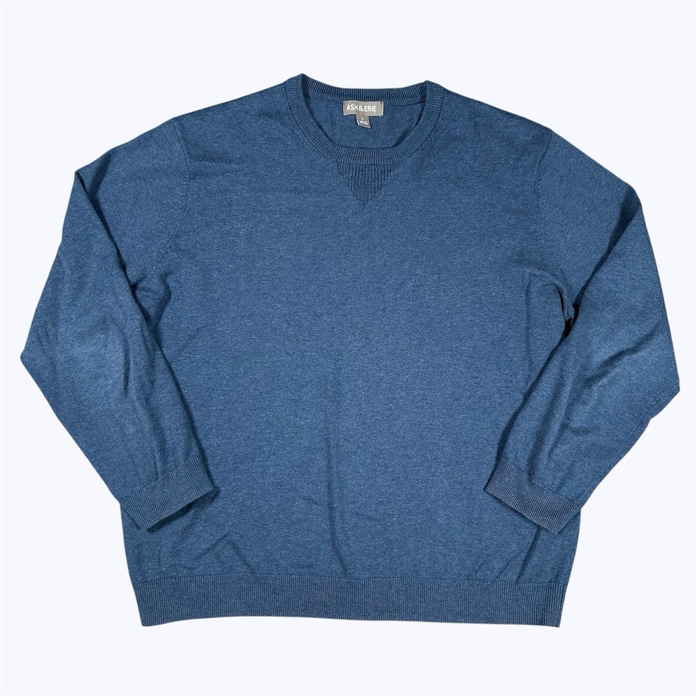 Ash & Erie Sweater Mens Large Blue Solid Crewneck Pullover Knit Cotton Comfort